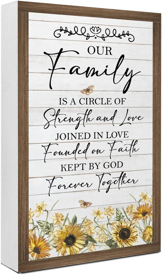 Our Family is a Circle of Strength and Love Wooden Box Sign,10.3 * 6 Inches,Rustic Family Saying Wooden Block Sign for Home Farmhouse Bedroom Shelf Tabletop Wall Decor