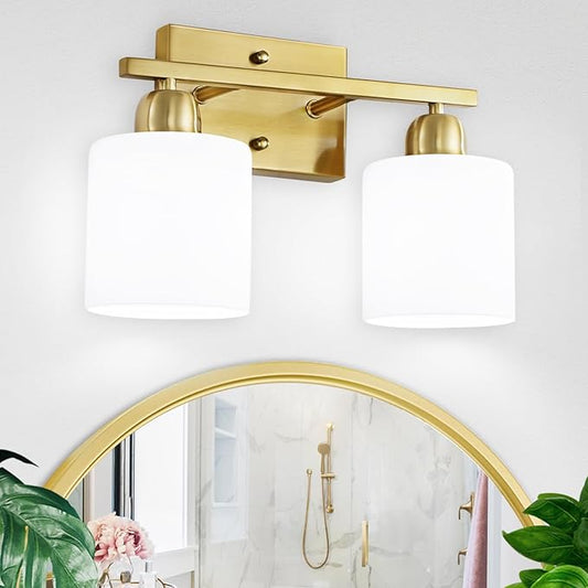 2 Light Bathroom Vanity, Bathroom Lights Over Mirror with Milky White Frosted Glass Shades, Gold Vanity Light for Mirror Living Room Bedroom Hallway E26 Base