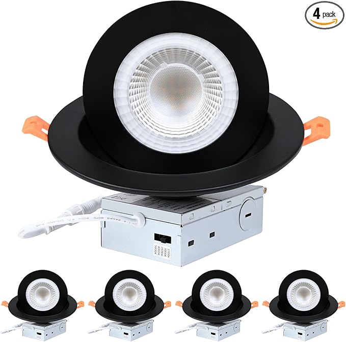 ZYC Gimbal LED Recessed Lighting - 6 Inch 5CCT 12W 360° Rotation Adjustable Eyeball Light,LED Swivel Spotlight,Directional Sloped Ceiling Light,Dimmable Canless Wafer Downlight Pack of 4 Black.