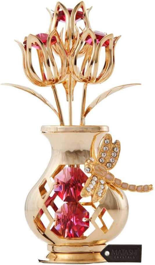 Matashi 24K Gold Plated Crystal Studded Flower Ornament in Vase with Decorative Dragonfly - Elegant Tabletop Ornament - Perfect Valentine's Day Gift for Her, Wife, Mom, Birthday, Home or Office Décor