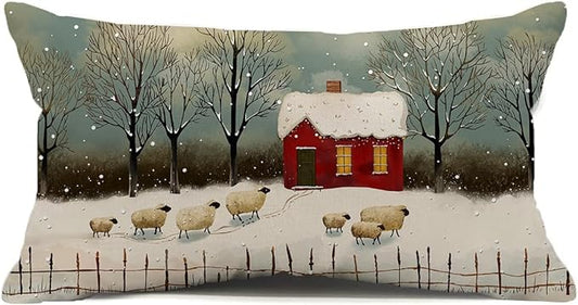 Christmas Pillow Covers - 12x20 Watercolor Snowflake Rustic Style Nature Forest Sheep Decorative Throw Pillows for Winter Decor
