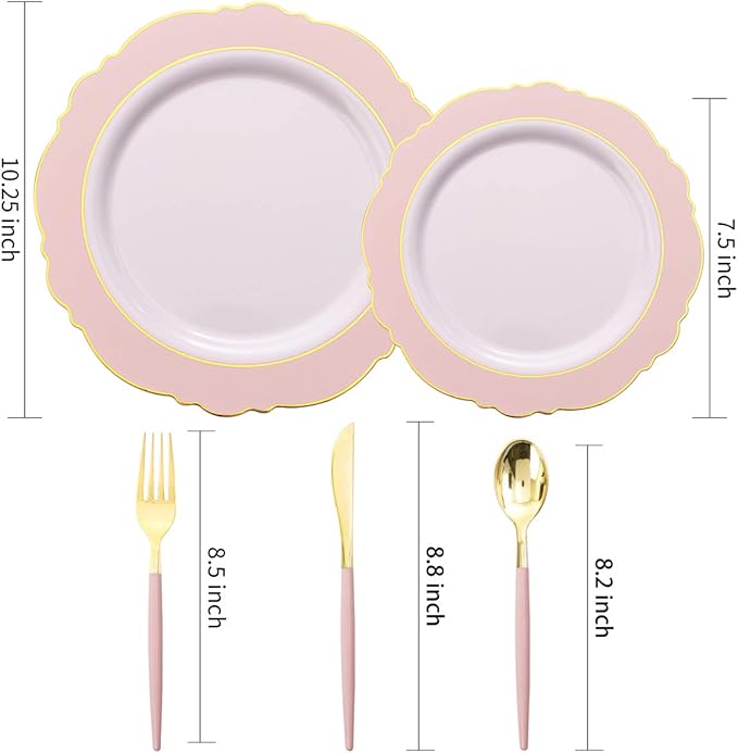 WDF 30Guest Pink Plates Disposable - Hign-end Baroque Design - Gold Plastic Silverware with Handle-Baroque Pink &Gold Plastic Dinnerware for Wedding/Baby Shower