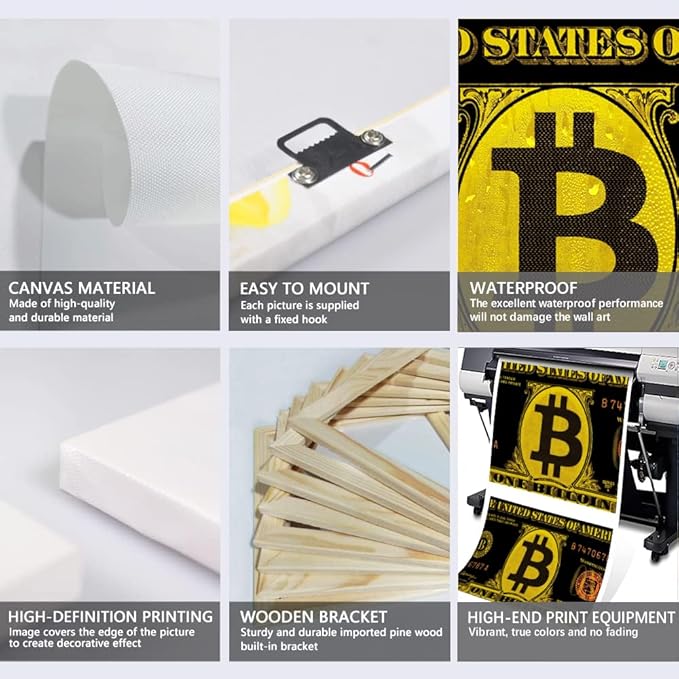 Black Golden Bitcoin Wall Art Canvas Paintings Modern Home Decor Money Artwork Vintage Nordic Western Paintings Wooden Framed Ready to Hang-32x16 inches