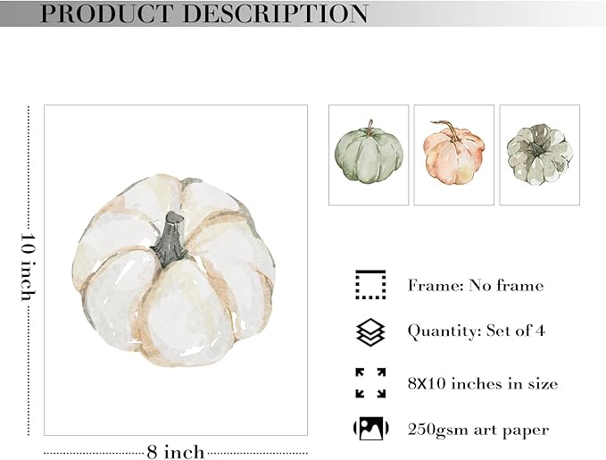 JXREQ 4Pcs Pumpkin Fall Wall Art Decorations for Home, Fall Pumpkins Decor, Autumn Wall Decor for Kitchen Bathroom Bedroom Living Room Office, 8x10 Inch Unframed