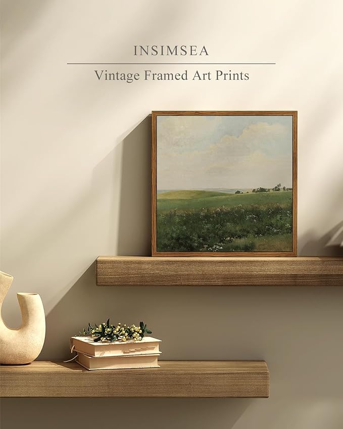 InSimSea Square Framed Canvas Wall Art, Farmhouse Vintage Grassland Painting Prints, Scenic Artwork for Living Room, Bedroom, Bathroom Decor, 10"x10"