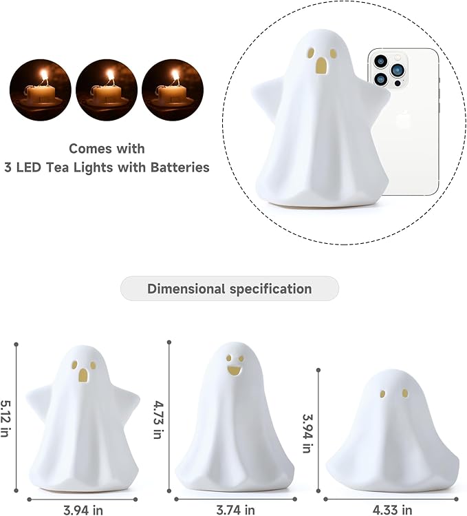 Ceramic Ghosts Small White Ghost Figurine, 3PCS Light Up Ghost Decor, Small LED Ghost Halloween Decor Spooky Sculptures for Indoor Halloween Party Tabletop Home Shelf Decoration