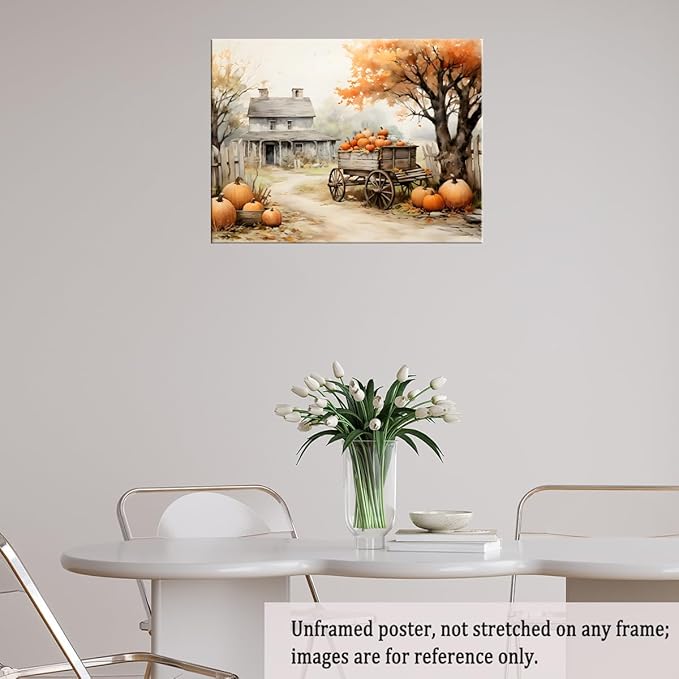 Autumn Farmhouse Sketch posters Gallery Canvas Print Wall Art Vintage Farmhouse Decor Autumn Art Fall Landscape Pumpkin Decoration 11x14"Unframed