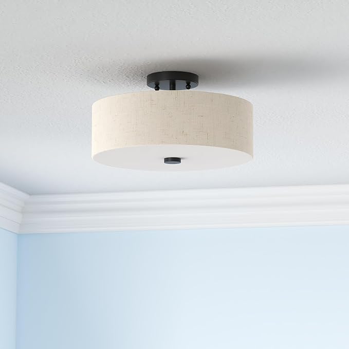 Livex Lighting 52135-92 Meridian Collection 3-Light Semi Flush Mount Ceiling Fixture with Oatmeal Color Fabric Hardback Drum Shade and Satin White Diffuser, English Bronze