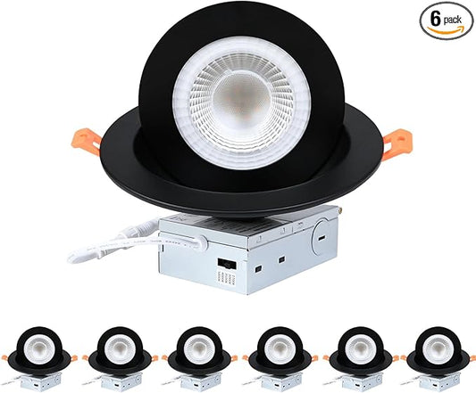 ZYC Gimbal LED Recessed Lighting - 6 Inch 5CCT 12W 360° Rotation Adjustable Eyeball Light,LED Swivel Spotlight,Directional Sloped Ceiling Light,Dimmable Canless Wafer Downlight Pack of 6 Black.