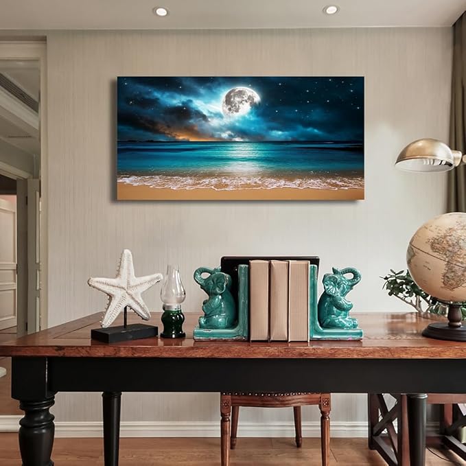 Beach Themed Wall Art Canvas Prints Seascape Picture Bathroom Décor Moon Ocean Landscape Paintings for Bedroom Dining Room Office Home Kitchen Decoration Natural Artwork 28x57 Wooden Frames