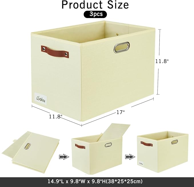 3-Pack Foldable Fabric Storage Bins with Durable PU & Metal Handles , Collapsible Storage Baskets for Shelves, Home Storage, Closet Organizers, Living Room(17"x11.8"x11.8", Beige)