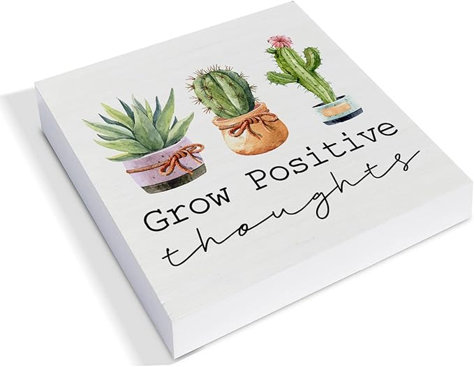 Country Grow Positive Thoughts Wood Box Sign Decor for Desk - Plant Lovers Cactus Wooden Block - Summer Rustic Home Shelf Wall Decoration