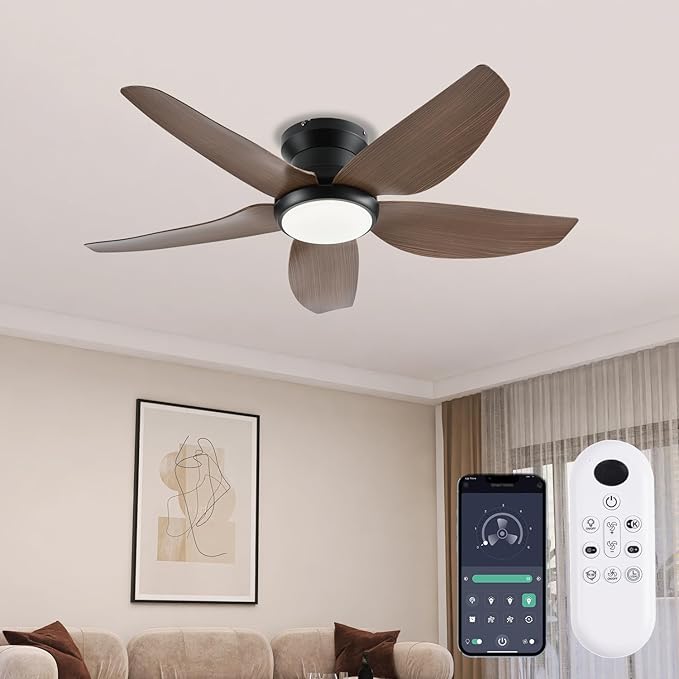 Ceiling Fans with Lights, 43 Inch Low Profile Ceiling Fan with Light and Remote/App Control, Flush Mount, Reversible DC Motor, 3CCT, Dimmable, Noiseless, Brown Ceiling Fan for Indoor/Outdoor Use