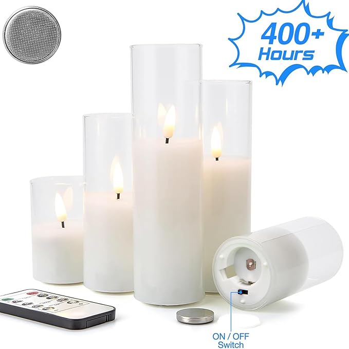 Eywamage Clear Glass Flameless Candles with Remote Batteries, Slim Tall LED Pillar Votive Candles Battery Powered, Set of 5