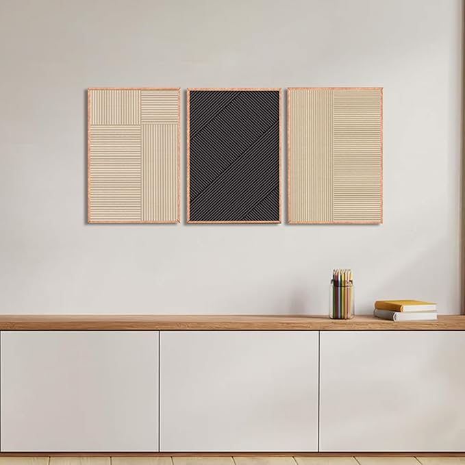 KAIRNE Modern Minimalist Wall Art Set of 3, Beige and Black Striped Geometric Prints with Wood Frame, Abstract Textured Wall Decor for Living Room, Bedroom, Office - 24x36 inch