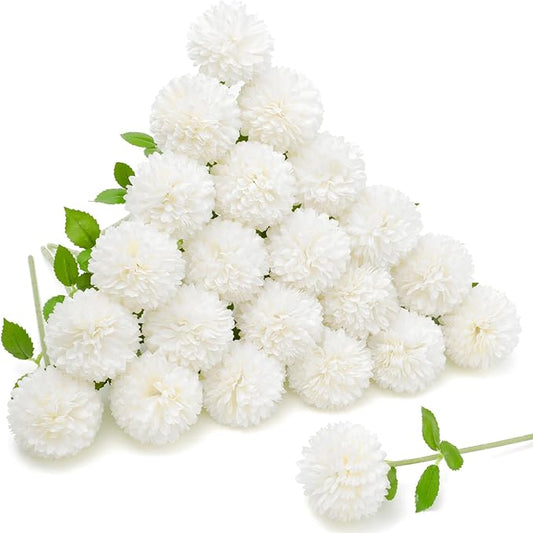 Floweroyal 24pcs Artificial Chrysanthemum Ball Flowers, Fake Mums Silk Hydrangea Bridal Wedding Bouquet for Home Garden Party Office Coffee House Decoration (White)