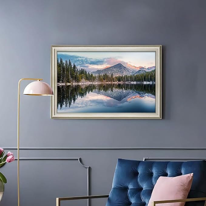 Framed Lake Canvas Wall Art: Mountain Range Skyline Scenery Painting Nature Landscape Artwork for Living Room