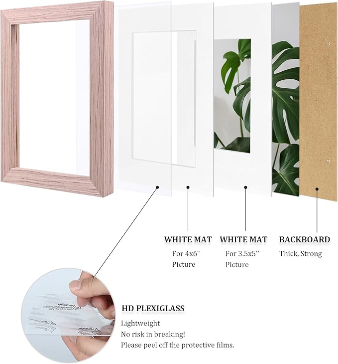 Egofine 4x6 Picture Frames Set of 4, Made of Solid Wood Covered by Plexiglass 3.5x5 with Mat or 4x6 without Mat, for Table Top Display and Wall Mounting Photo Frame Peach Pink