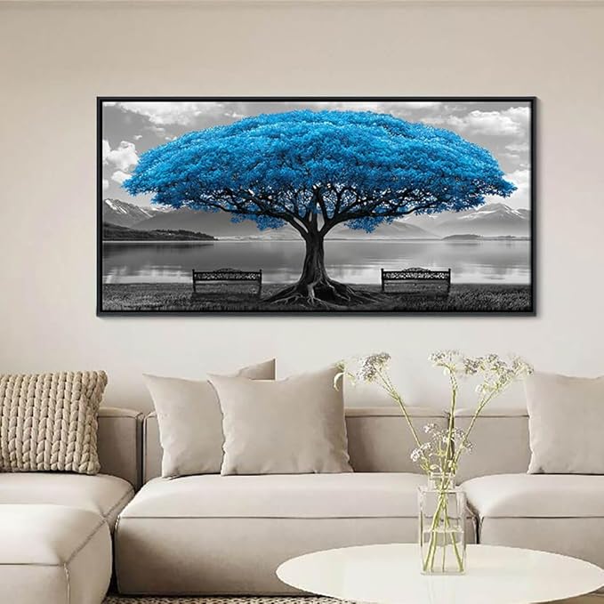 Blue Tree Framed Canvas Wall Art for Living Room Large Size Wall Decor For Bedroom Black And White Wall Pictures Lake Scenery Wall Painting Office Decor Room Home Decoration Black Framed 20X40IN
