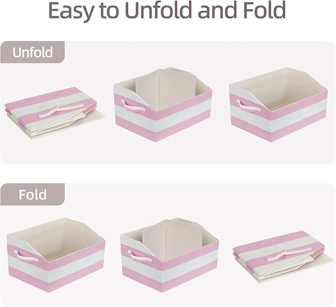 Linen Closet Organizers and Storage, Trapezoid Fabric Bins, Home Office Organization Baskets Striped Collapsible Box with Handles for Clothes, Blanket, Books, DVD, 4 Pack, Pink/White