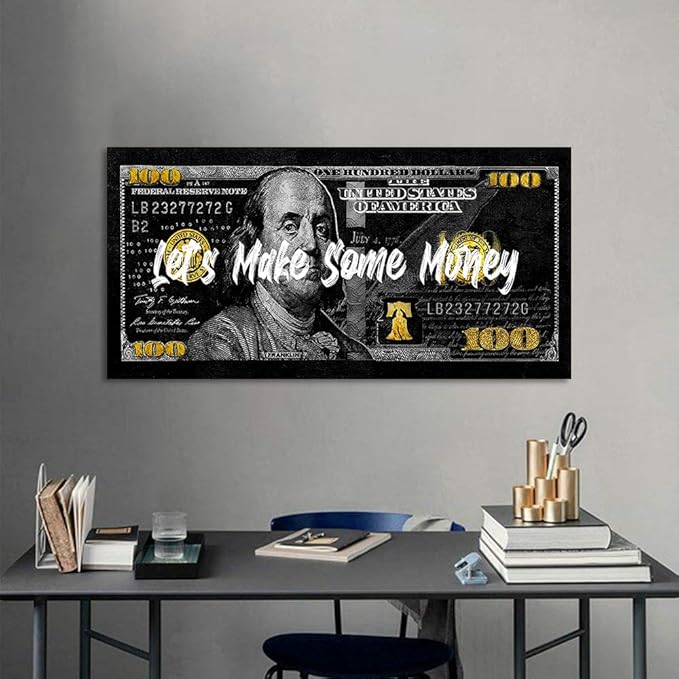 Inspirational Framed Office Canvas Art Paintings with Inspiring Sayings Let's Make Some Money Wall Decor for Walls 100 USD Money Canvas Art Easy to Hang-40 inch x20 inch