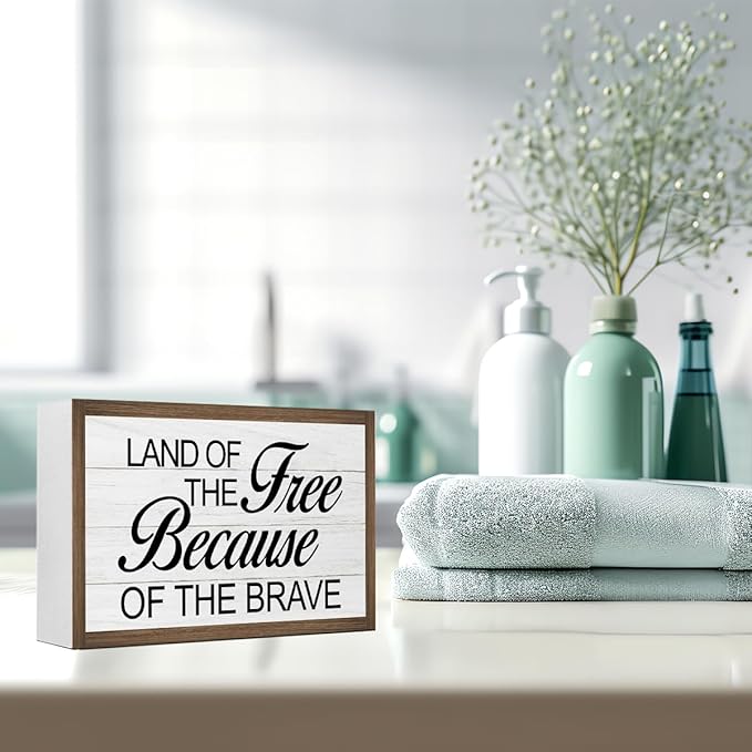 Land of The Free Because of The Brave Inspirational Wooden Box Sign Decor,Motivational Wooden Block Plaque Sign for Home Farmhouse Living Room Bedroom Shelf Desk Tabletop Wall Decor