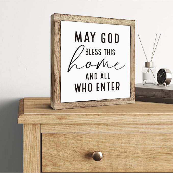 Scripture Sign, May God Bless This Home and All Who Enter Sign, Wooden Plaques Box Signs, Farmhouse Wood Sign, Rustic Home Decor for Front Door Porch Entryway, Table Shelf Desk Decoration