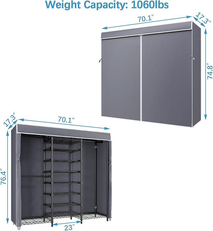 VIPEK S3C Heavy Duty Portable Closet with Adjustable Shoe Rack Wire Shelf, Large Wardrobe Organizer for Bedroom Storage, Freestanding Clothes Rack with Hanging Rod, Custom Black Rack with Grey Cover