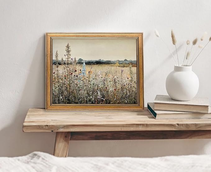 Gold Framed Vintage Wall Art Classical French Landscape Wildflowers Botanical Painting Canvas Print Kitchen Living Room Wall Decor (Champ Fleuri, 16L x 12W)