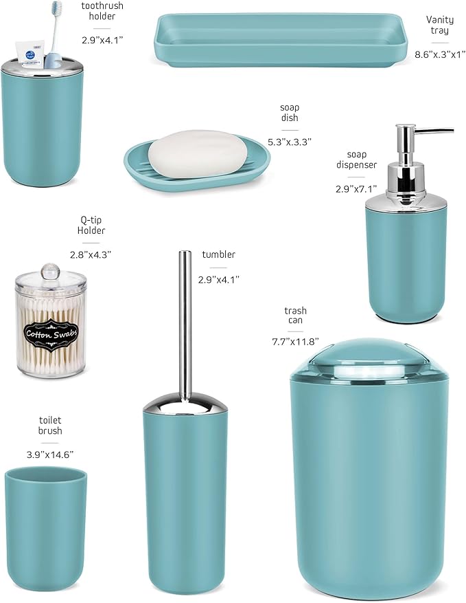 IMAVO Bathroom Accessories Set,Blue Bathroom Set,9 Pieces Bathroom Accessory Set,Tray,Qtip Holders,Toilet Brush,Trash Can for Bathroom Décor and Home Gifts