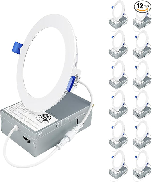 Ensenior 12 Pack 4 Inch LED Recessed Ceiling Light, Dimmable, 3000K Warm White, 750LM 9W 120V, High Brightness Canless Wafer Downlight - ETL&FCC&IC