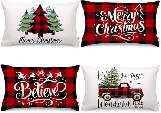 GEEORY Merry Christmas Pillow Covers 12 x 20 Inch Set of 4, Xmas Trees Buffalo Plaid Believe Truck Throw Pillowcases Farmhouse Decorative Cushion Cases for Home Sofa Decoration G421-12