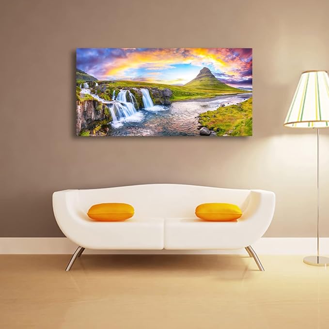 Waterfall Hill Pictures Canvas Wall Art For Living Room Bedroom Wall Decor,Hill Wall Art Print Paitnings for Home Decor,Morden Artwork Cloud Rainbow Canvas Art Waterproof Ready to Hang-20X40Inches