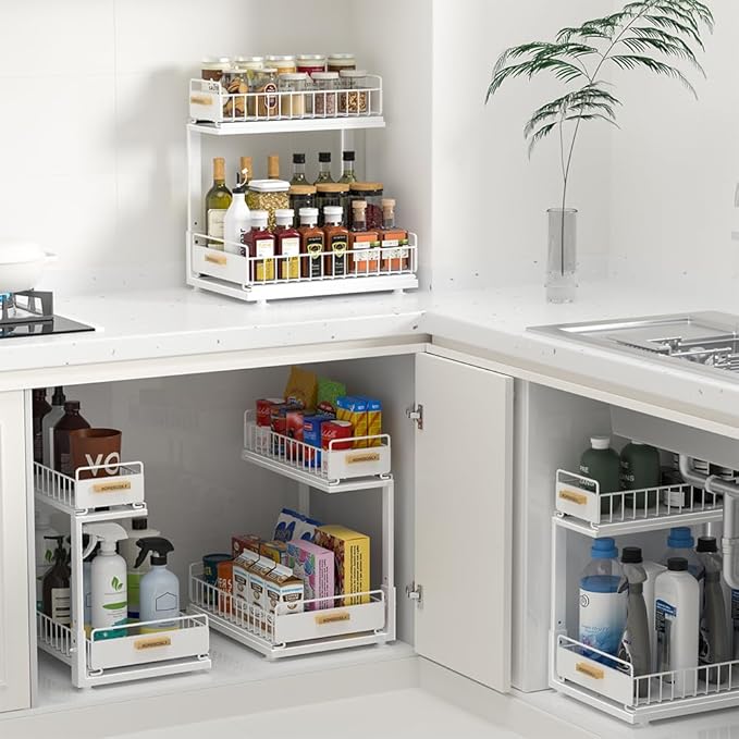 Under Sink Organizer Kitchen, Pull Out Cabinet Organizer 2 Tier Slide Out Sink Shelf Cabinet Storage Shelves, Under Sink Storage for Kitchen Bathroom Cabinet, White, 1 Pack