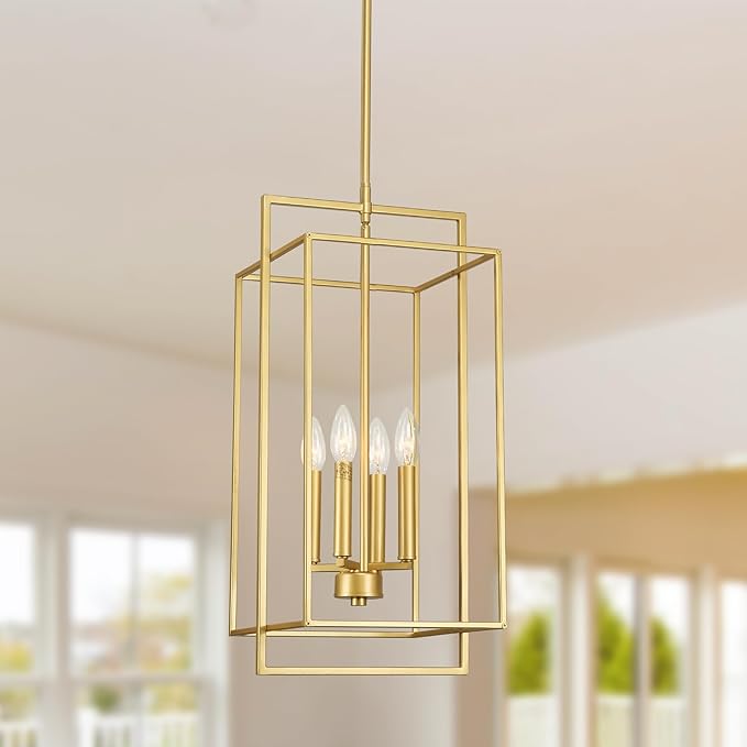 Muted Gold Chandelier Lighting Fixture with Geometric Metal Cage, 4-Light Industrial Pendant for Kitchen Island, Living Dining Room, Home Office (Gold, 24" H - 4 Lights)