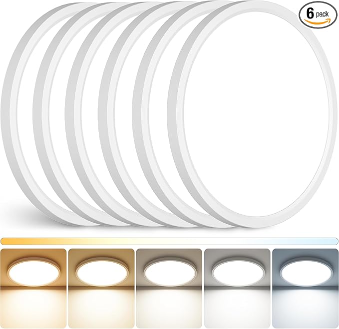 Peasur 12Inch LED Ceiling Light Flush Mount, 5CCT 3000K-6500K Adjustable Ceiling Light Fixture, 2400LM 24W Bright White Flat Lighting Fixture for Hallway Kitchen Bathroom Bedroom, 6Pack