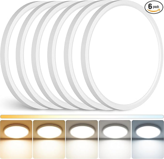 Peasur 12Inch LED Ceiling Light Flush Mount, 5CCT 3000K-6500K Adjustable Ceiling Light Fixture, 2400LM 24W Bright White Flat Lighting Fixture for Hallway Kitchen Bathroom Bedroom, 6Pack
