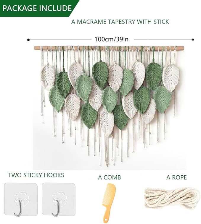 VEKALON Macrame Wall Art Tapestry - Large Boho Chic Woven Wall Hanging Decor for Bedroom, Modern Bohemian Leaf-Shaped Decorations for Office, Living Room, Bathroom(Sage Green)
