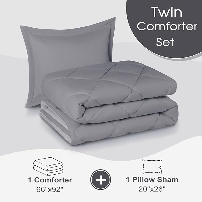 Basic Beyond Twin Comforter Set - Reversible Twin Bed Comforter in Grey/Charcoal Gray, 1 x 66"x92" Comforter & 1 x 20"x26" Pillow Sham