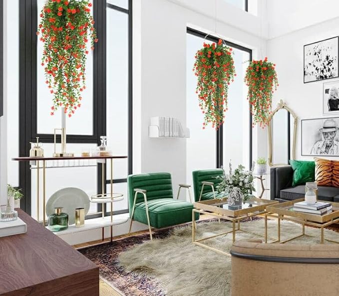 SJL Fall Artificial Hanging Plant Fall Faux Eucalyptus Leaf Fake Hanging Vines UV Resistant Fake Mums for Outdoors Faux Autumn Plants for Home Indoor Outdoor Thanksgiving Decor (Orange)