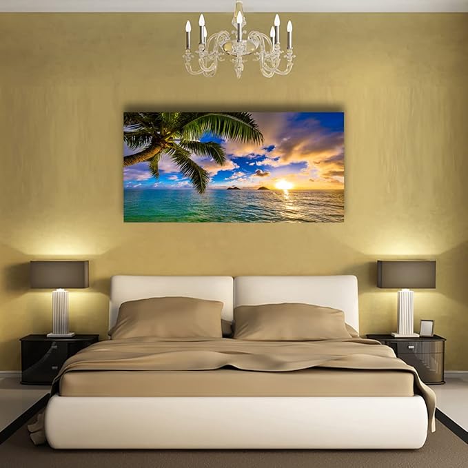 Seascape Sunset Pictures Canvas Wall Art For Living Room Bedroom Wall Decor,Palm Wall Art Print Paitnings For Home Decor,Morden Artwork Coconut Tree Canvas Art Waterproof Ready To Hang-28x57 Inches