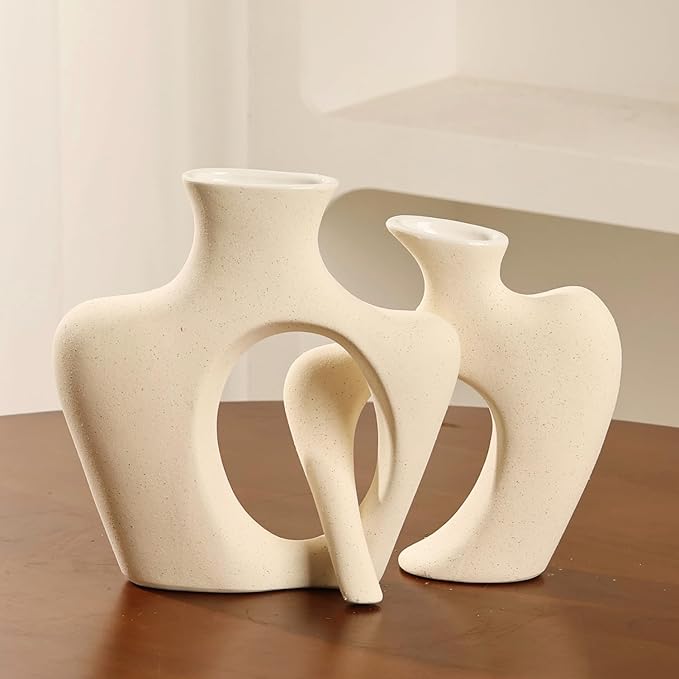 Beige Ceramic Vases for Decor, Set of 2 Small Decorative Vase Modern Boho Aesthetic Flower Vases for Table Centerpiece Dining Room Shelf Living Room Office Décor