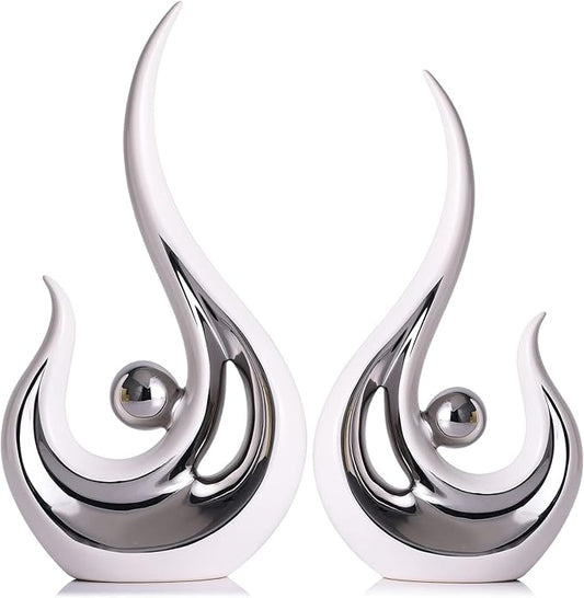 LCCCK 2-Pack Modern Abstract Art Home Decor Accent, Contemporary Statues Coffee Table Decor for Living Room, Dining Room Centerpieces, Ceramic Sculptures and Silver Knick Knacks for TV Stand Decor