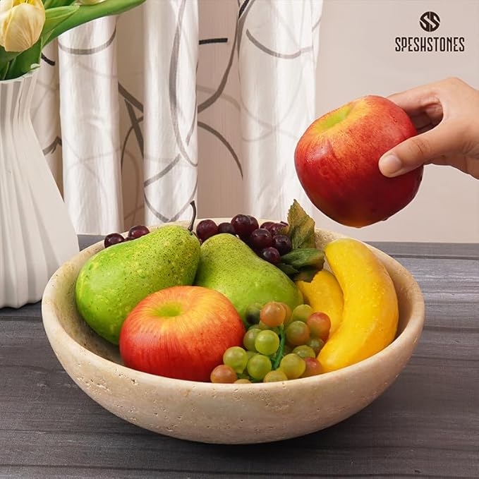 Marble Fruit Bowl 10 Inch Handmade Travertine Large Decorative bowls For Kitchen Counter, Dining & Coffee Table Centerpiece - Modern Pedestal Bowl for Entryway and Home Decor