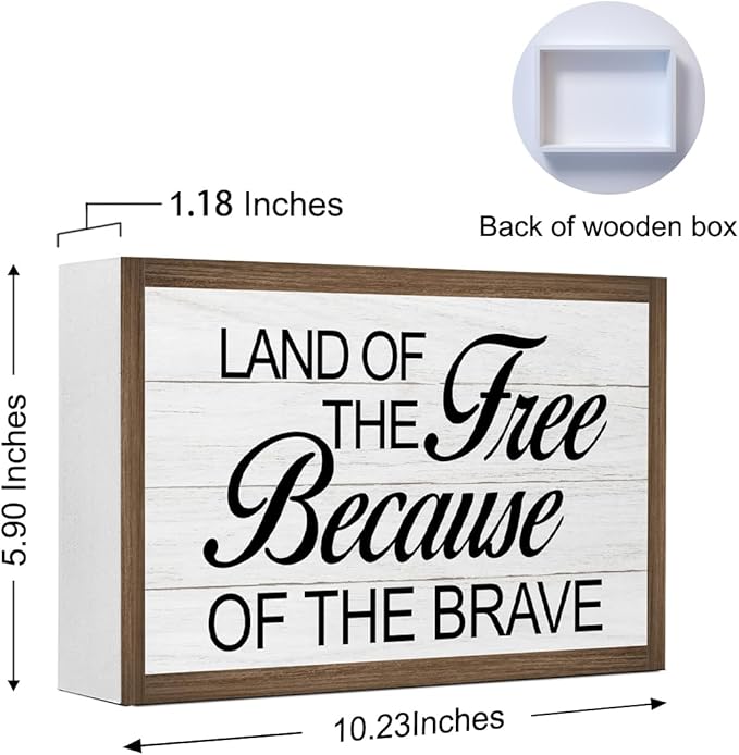 Land of The Free Because of The Brave Inspirational Wooden Box Sign Decor,Motivational Wooden Block Plaque Sign for Home Farmhouse Living Room Bedroom Shelf Desk Tabletop Wall Decor