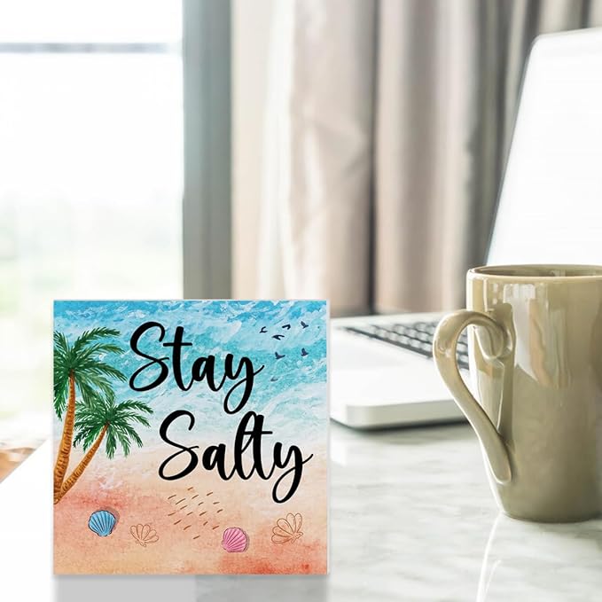 Summer Decor Stay Salty Wood Block Sign Home Beach House Desk Table Shelf Decoration