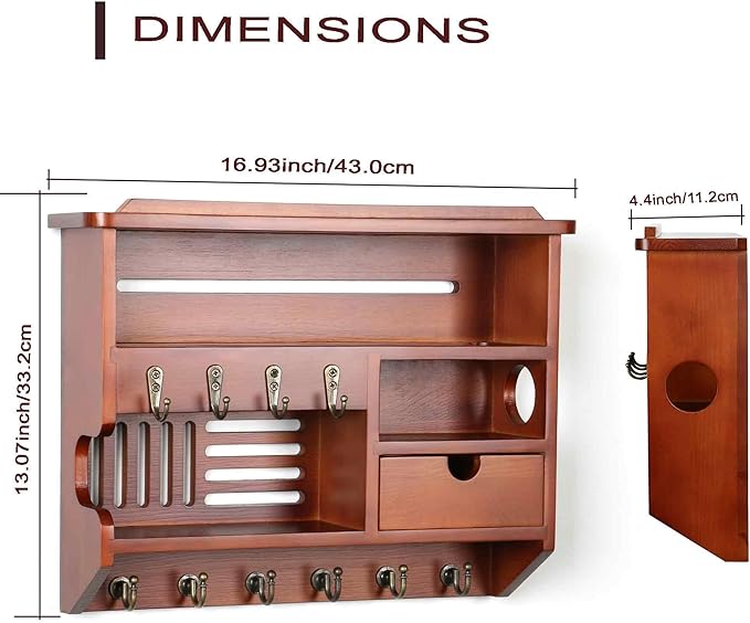 Key Holder for Wall, Mail Organizer Wall Mount with Storage Drawer and 10 Hooks, Easy Installation Key Holder Wall Mount for Home Decor, Ochre