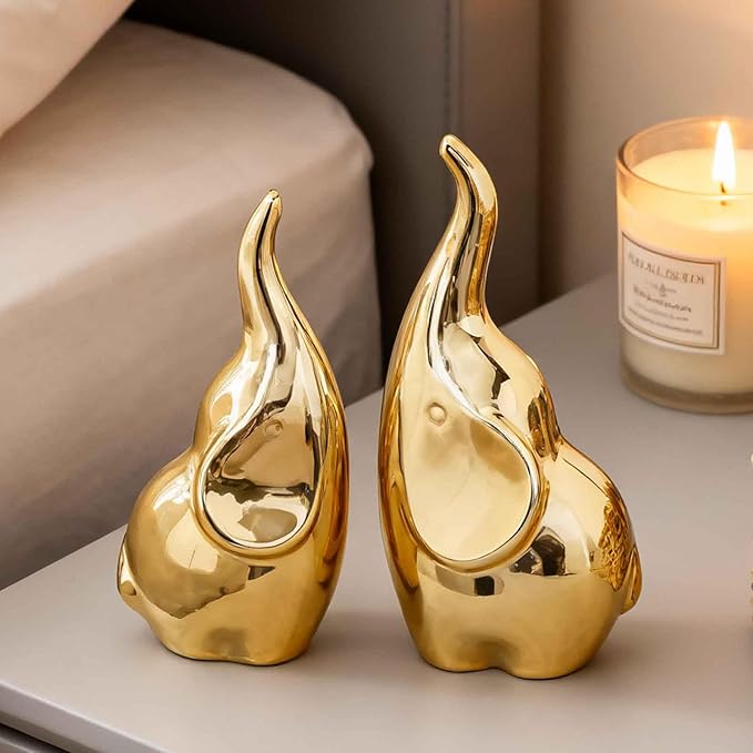 Ceramic Elephant Figurines with Trunk Up, Pair Couples Loving Elephant Statue, Small Figurines Sculpture African Home Decor, Valentine Elephants Gifts for Women, Wedding Knick Knacks（Gold）