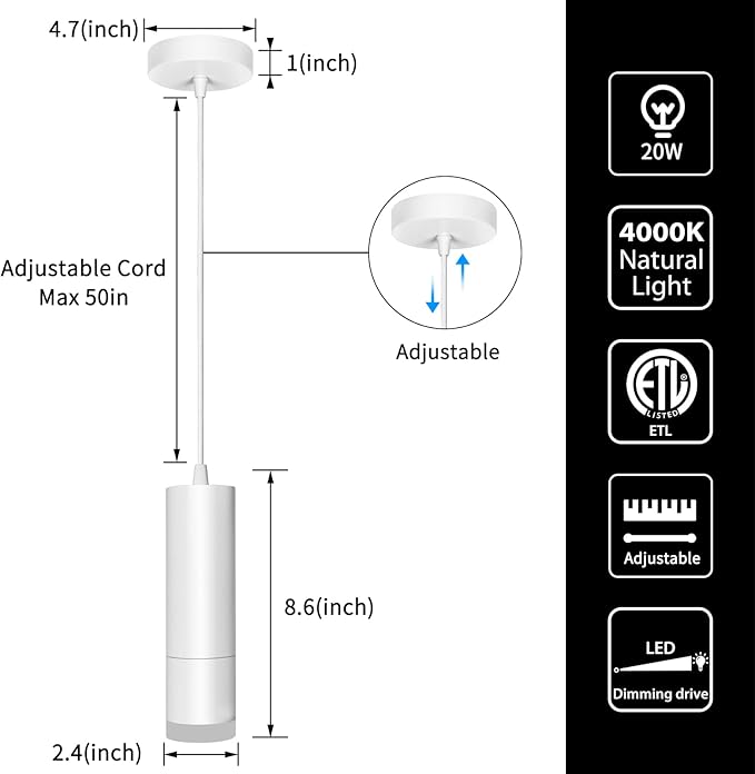 OKELI Modern Pendant Lights,White LED Mini Kitchen Island Lights Adjustable Focus Pendant Lighting for Kitchen Island Bedroom Dining Room Bar Shop,20W,4000K,ETL5026458(3 Pack)