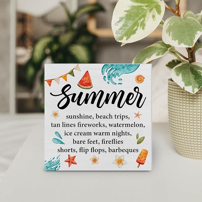 Beach Decor Summer Beach Wood Block Sign Summer Definition Decorations for Home Desk Table Shelf 5 x 5 Inches